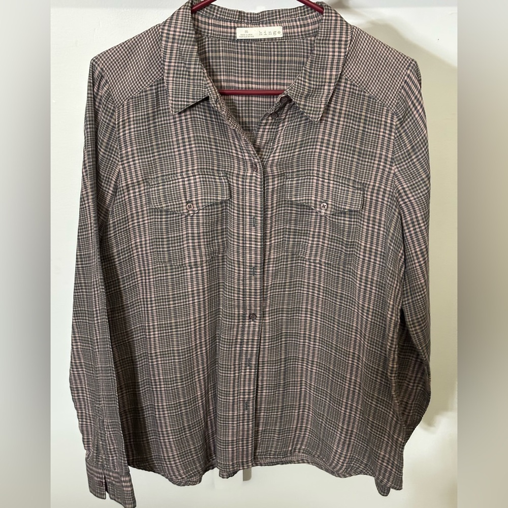 Nordstrom Hinge 100% Cotton Lightweight Soft Button Down Top Shirt Pink Gray M